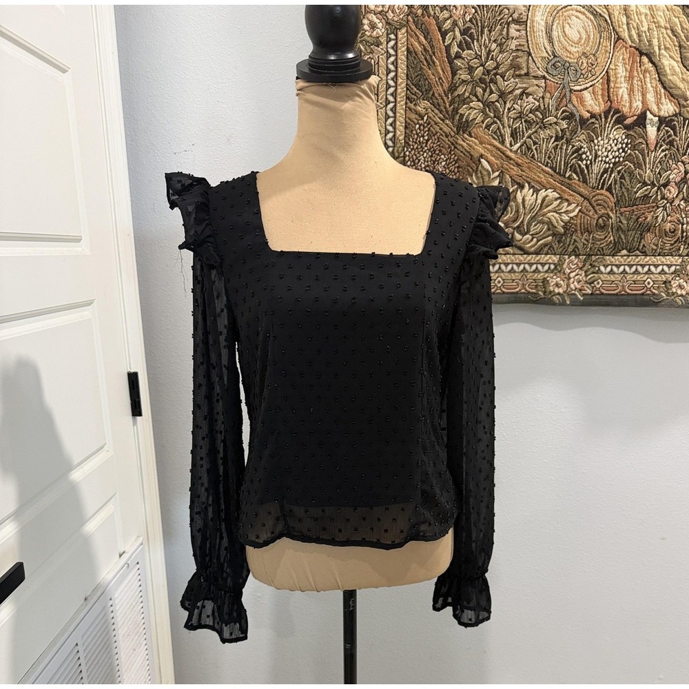 Lea & Viola Blouse Womens Medium Black Swiss Dot Sheer Long Sleeve Ruffle Top